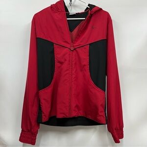 Nike windbreaker L 12-14Jacket Red Black hooded color block zip up FLAWED